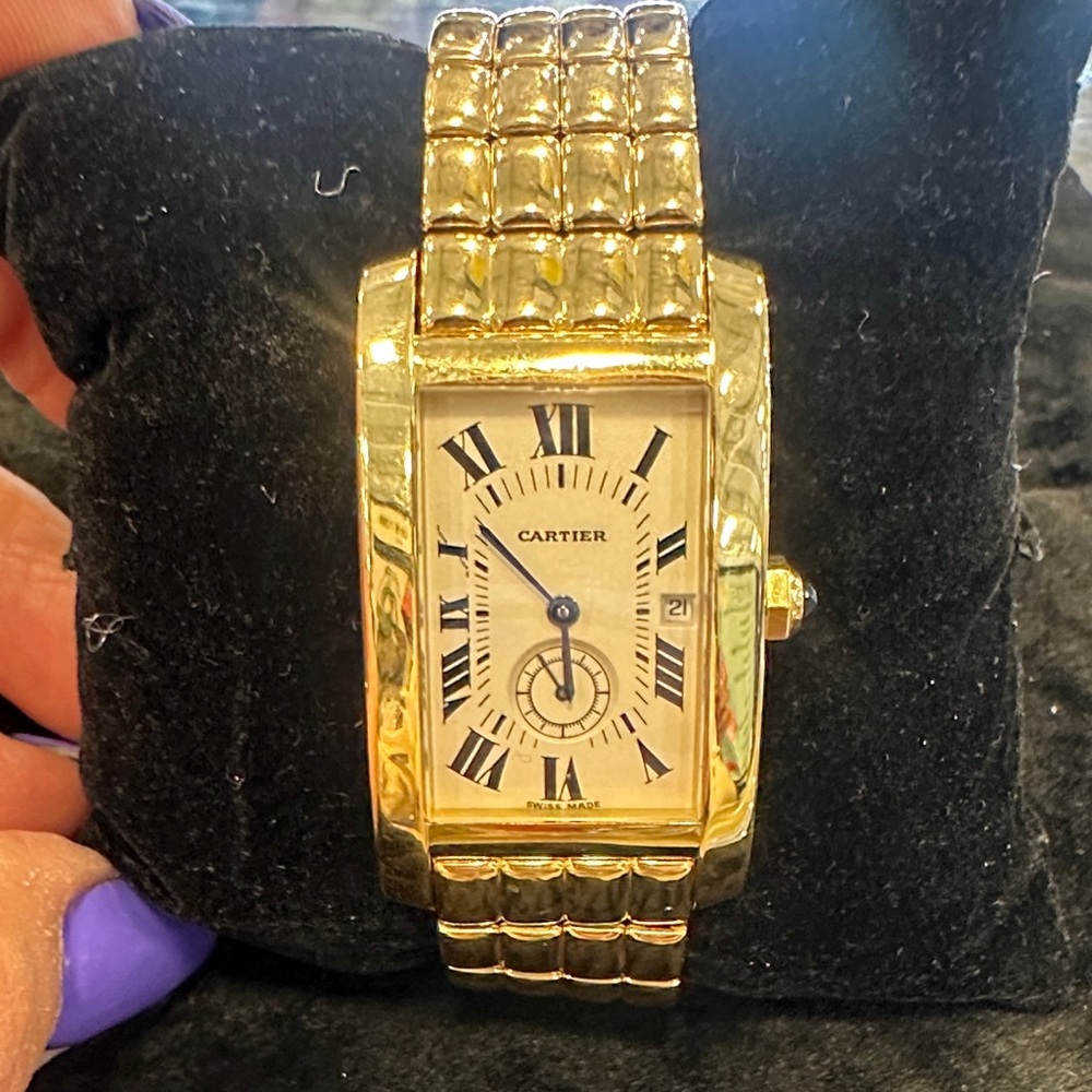 Cartier Gold Tank Americaine Rectangular Watch with Roman Numerals and Quartz
